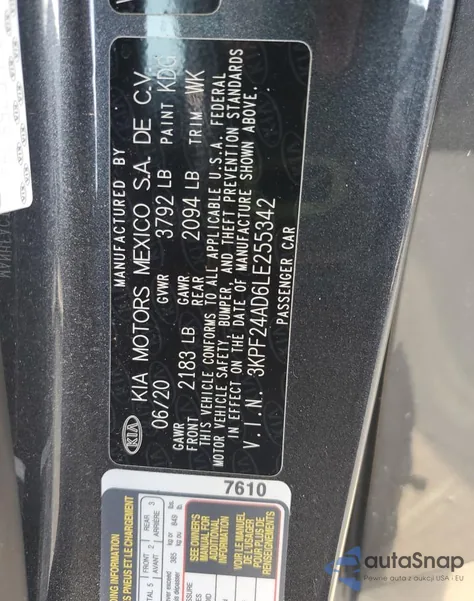 2020 Kia Forte Fe z USA, uszkodzony, nr VIN 3KPF24AD6LE255342